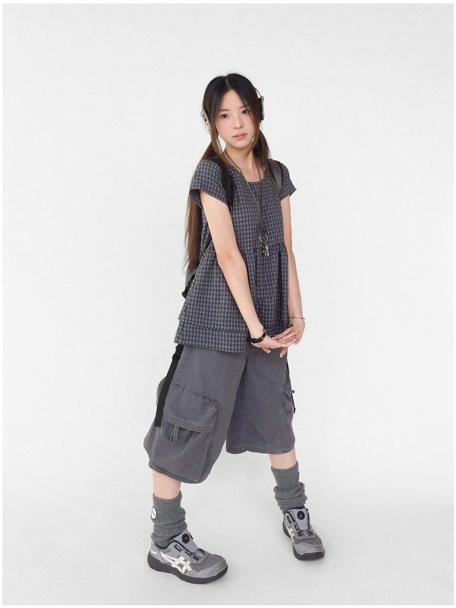 Oversized Plaid Textured A Line Dress With Double Hem