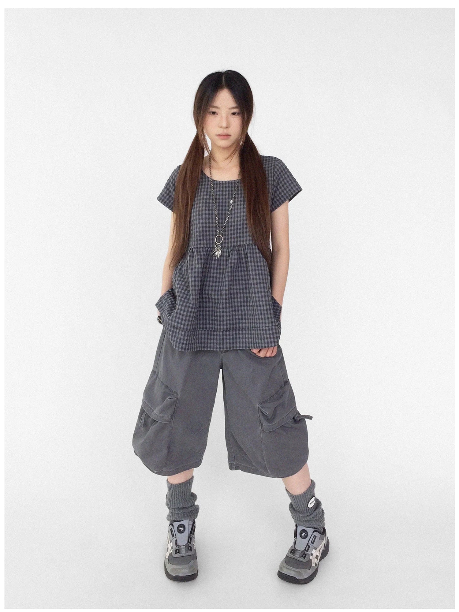 Oversized Plaid Textured A Line Dress With Double Hem