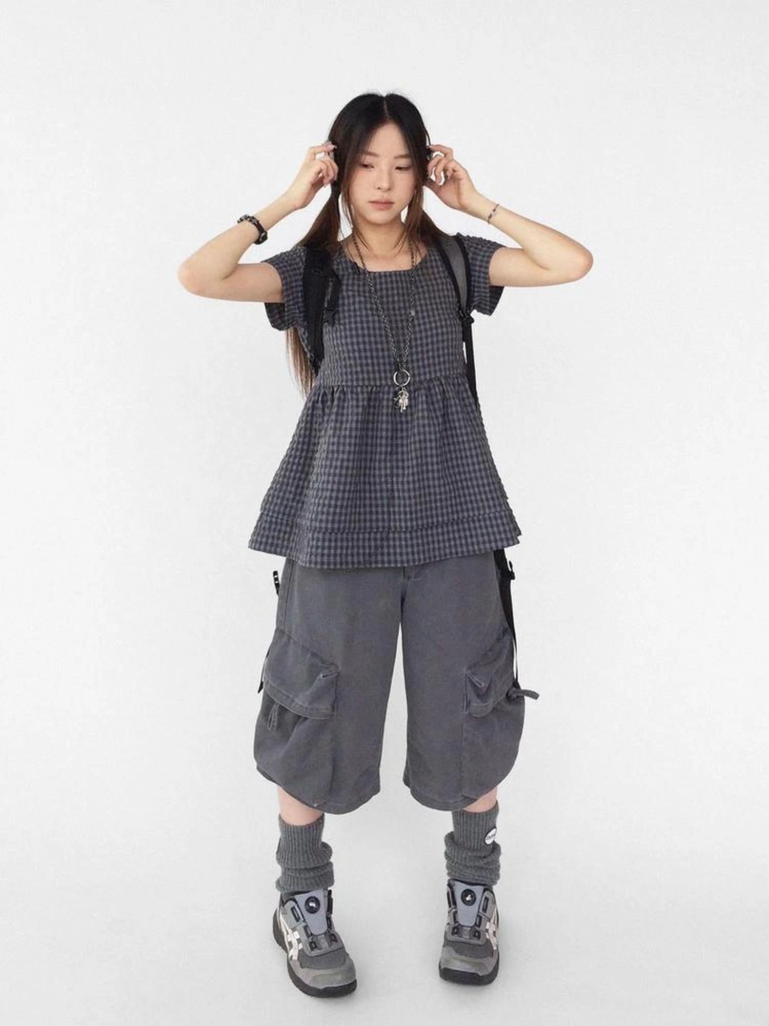 Oversized Plaid Textured A Line Dress With Double Hem