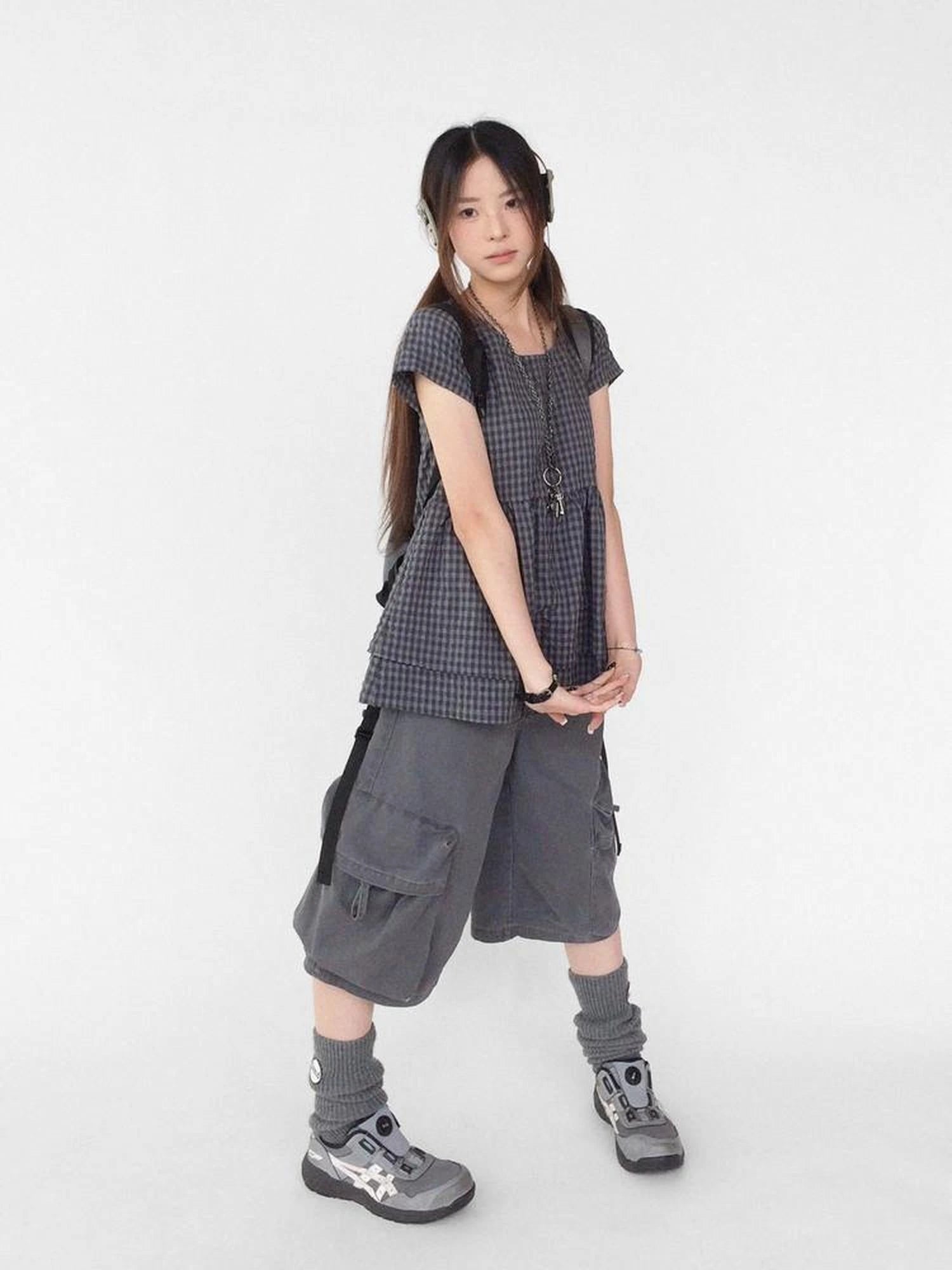 Oversized Plaid Textured A Line Dress With Double Hem