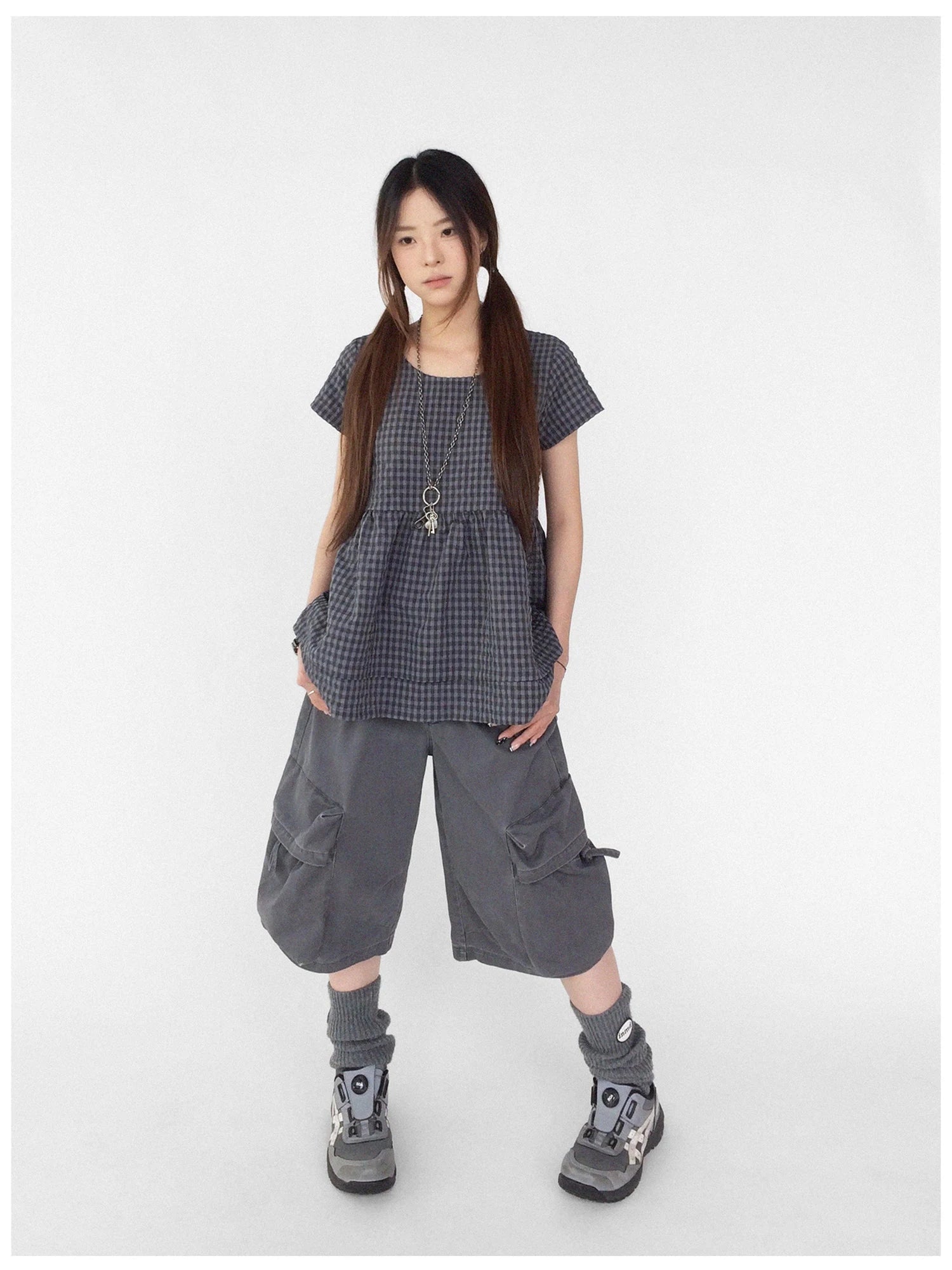 Oversized Plaid Textured A Line Dress With Double Hem