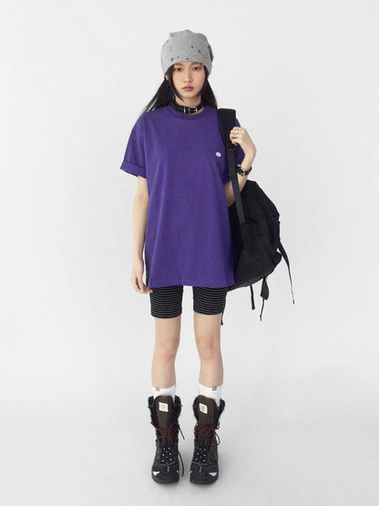 Oversized Purple Cotton Tee With Minimalist Logo