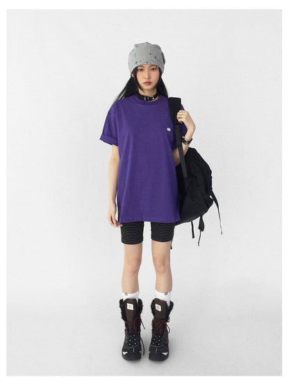 Oversized Purple Cotton Tee With Minimalist Logo
