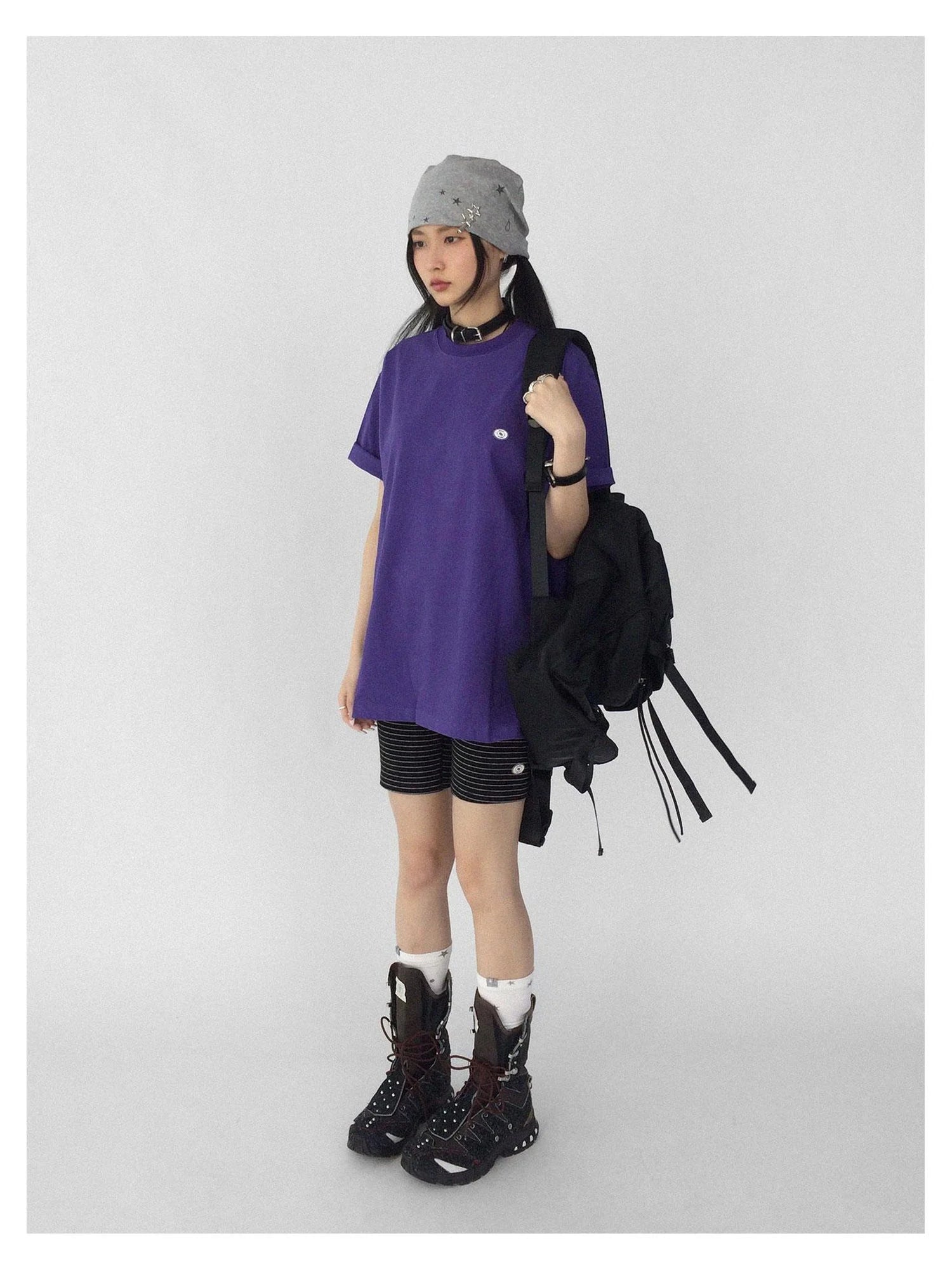 Oversized Purple Cotton Tee With Minimalist Logo