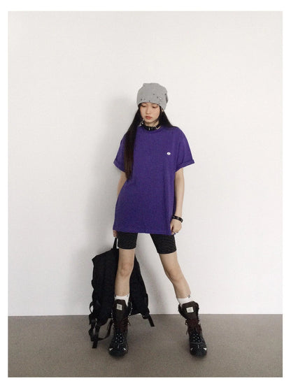 Oversized Purple Cotton Tee With Minimalist Logo