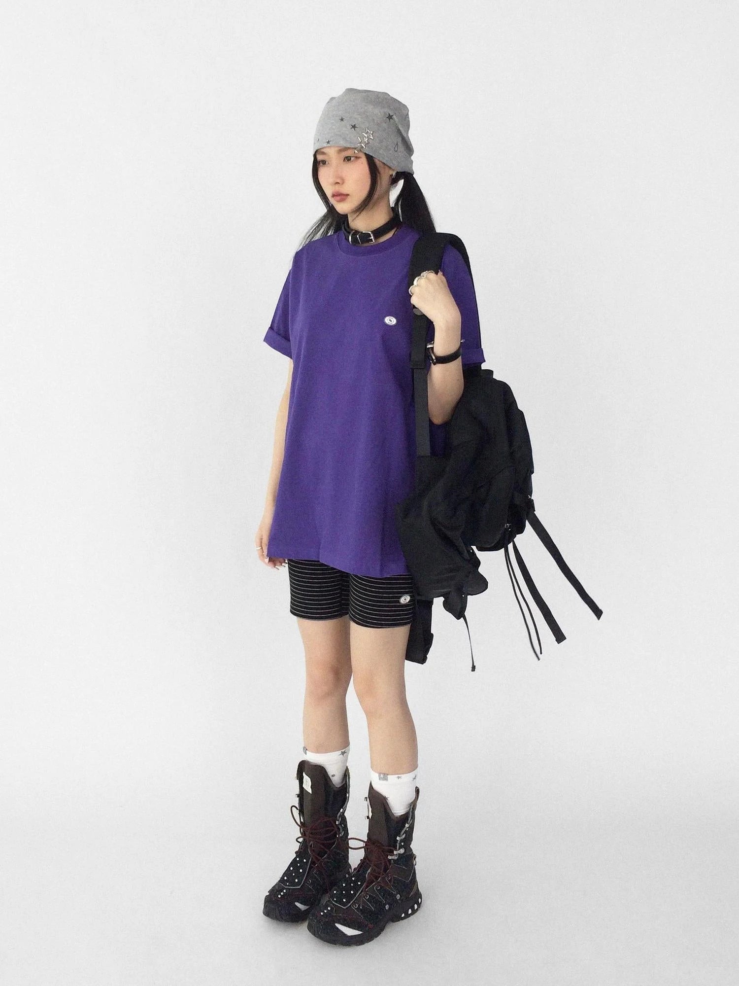 Oversized Purple Cotton Tee With Minimalist Logo