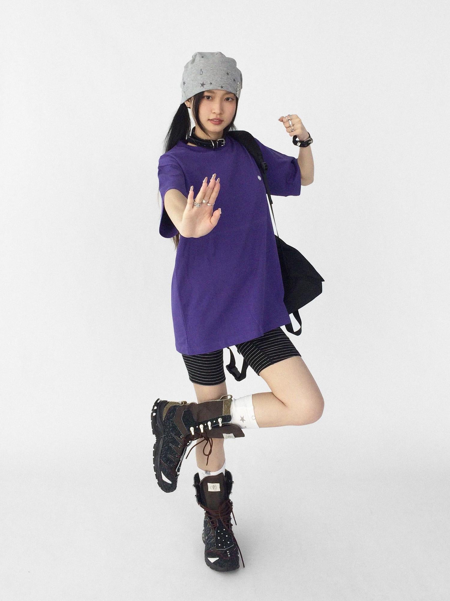 Oversized Purple Cotton Tee With Minimalist Logo