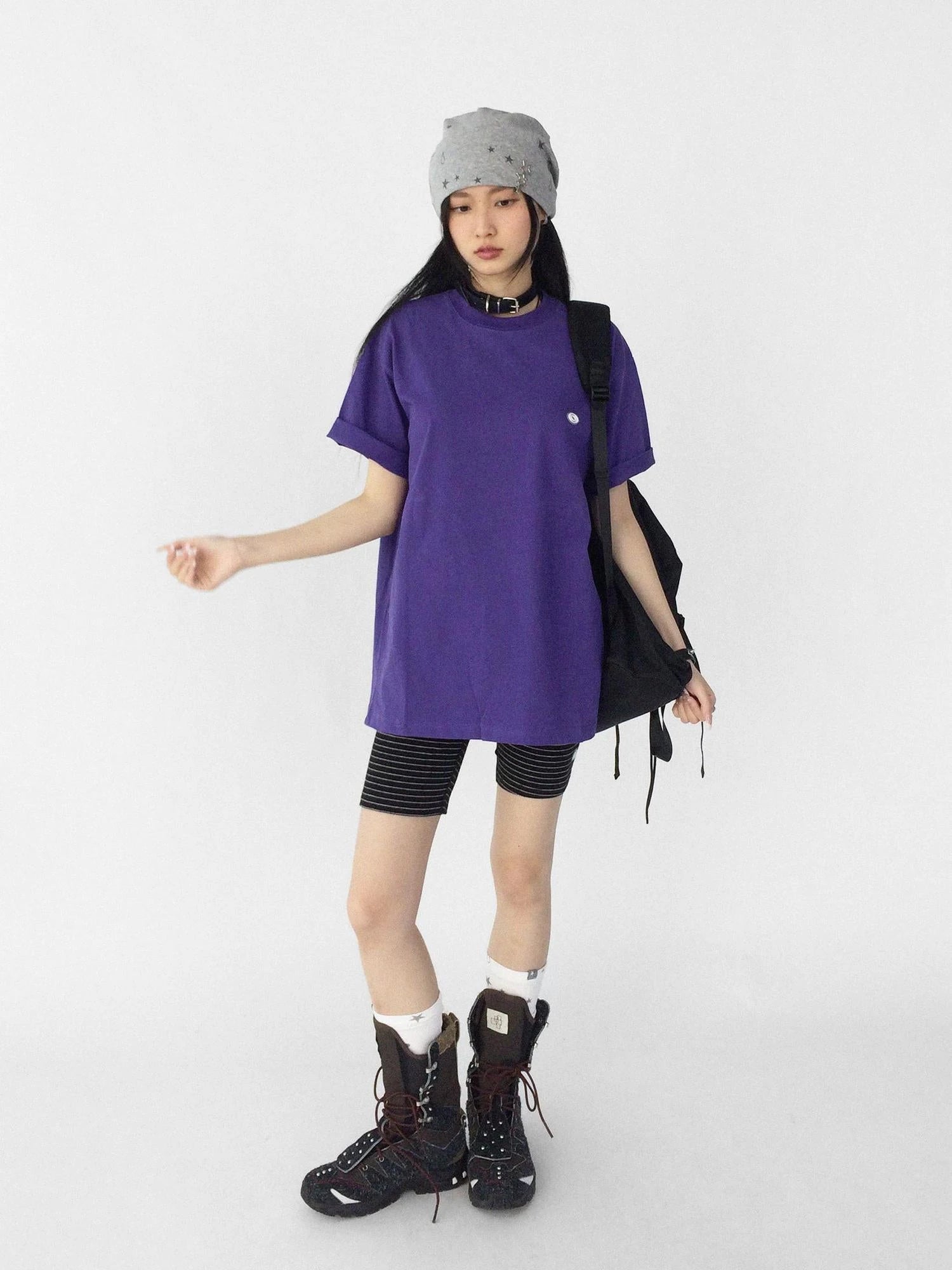 Oversized Purple Cotton Tee With Minimalist Logo
