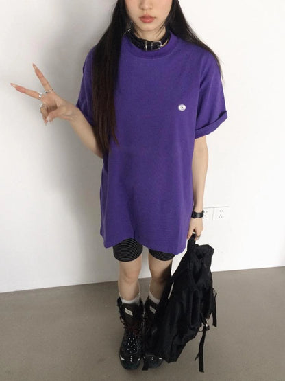 Oversized Purple Cotton Tee With Minimalist Logo