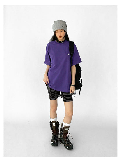 Oversized Purple Cotton Tee With Minimalist Logo