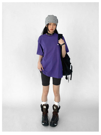 Oversized Purple Cotton Tee With Minimalist Logo