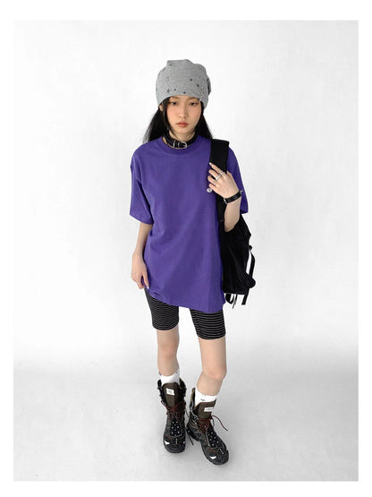 Oversized Purple Cotton Tee With Minimalist Logo