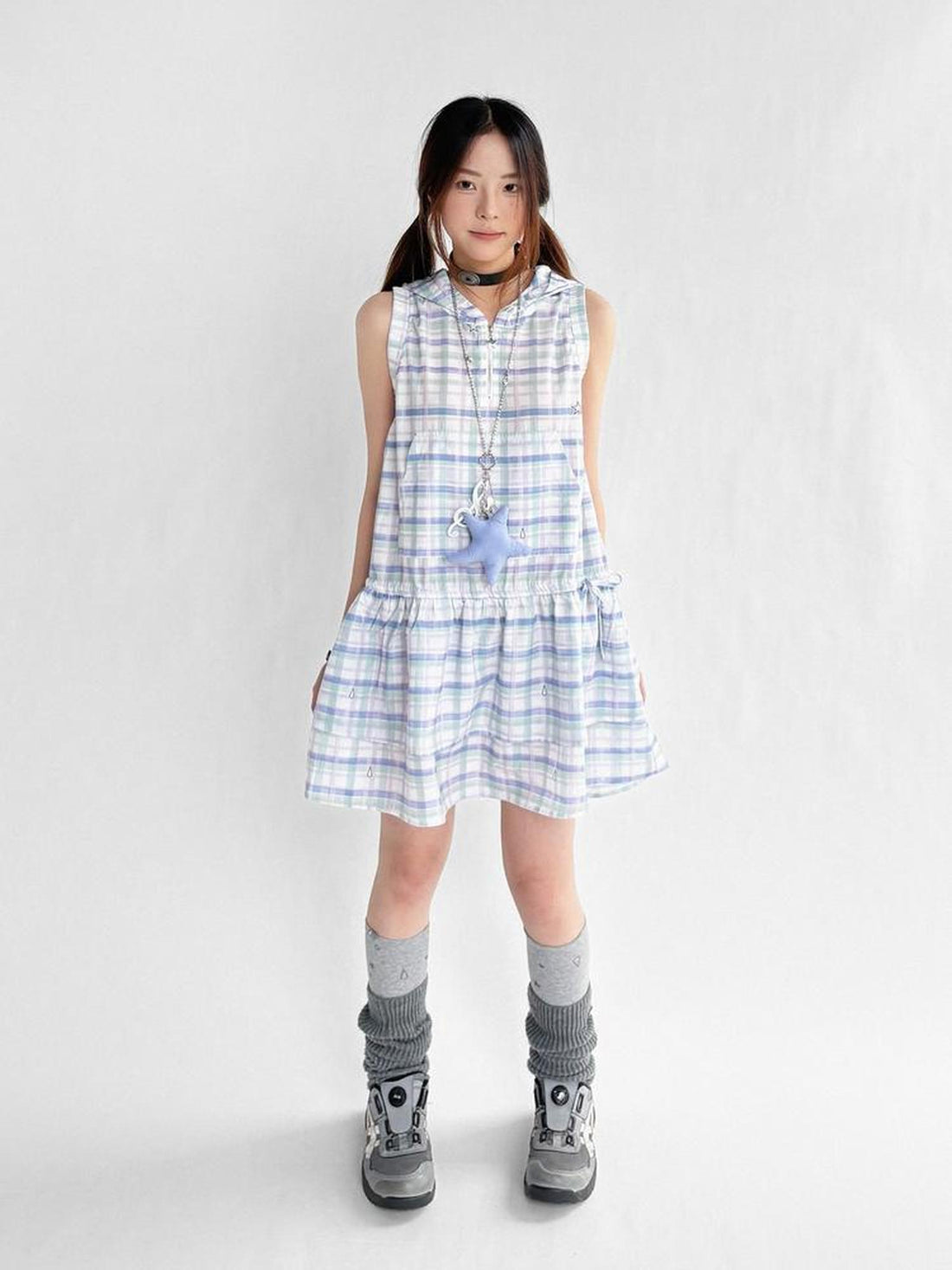 innomoood Oxygen Grid Hooded Sleeveless A-Line Drawstring Mini Dress