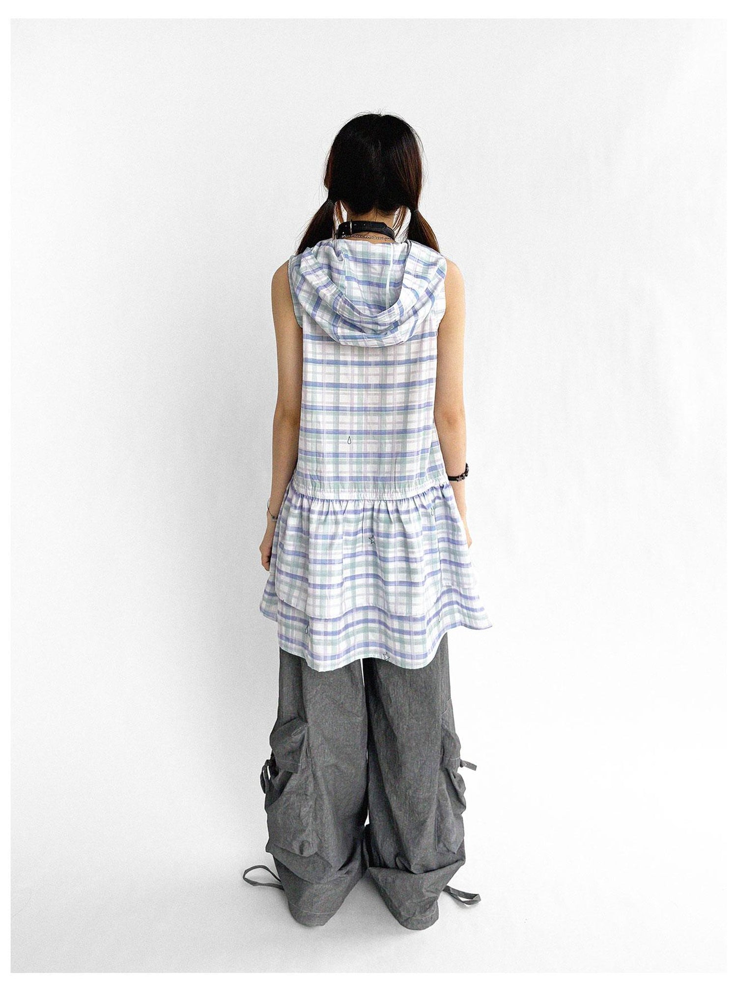 innomoood Oxygen Grid Hooded Sleeveless A-Line Drawstring Mini Dress