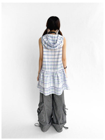 innomoood Oxygen Grid Hooded Sleeveless A-Line Drawstring Mini Dress