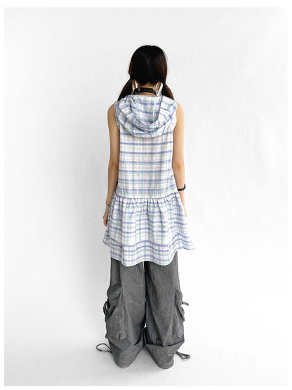 Oxygen Grid Hooded Sleeveless A-Line Drawstring Mini Dress