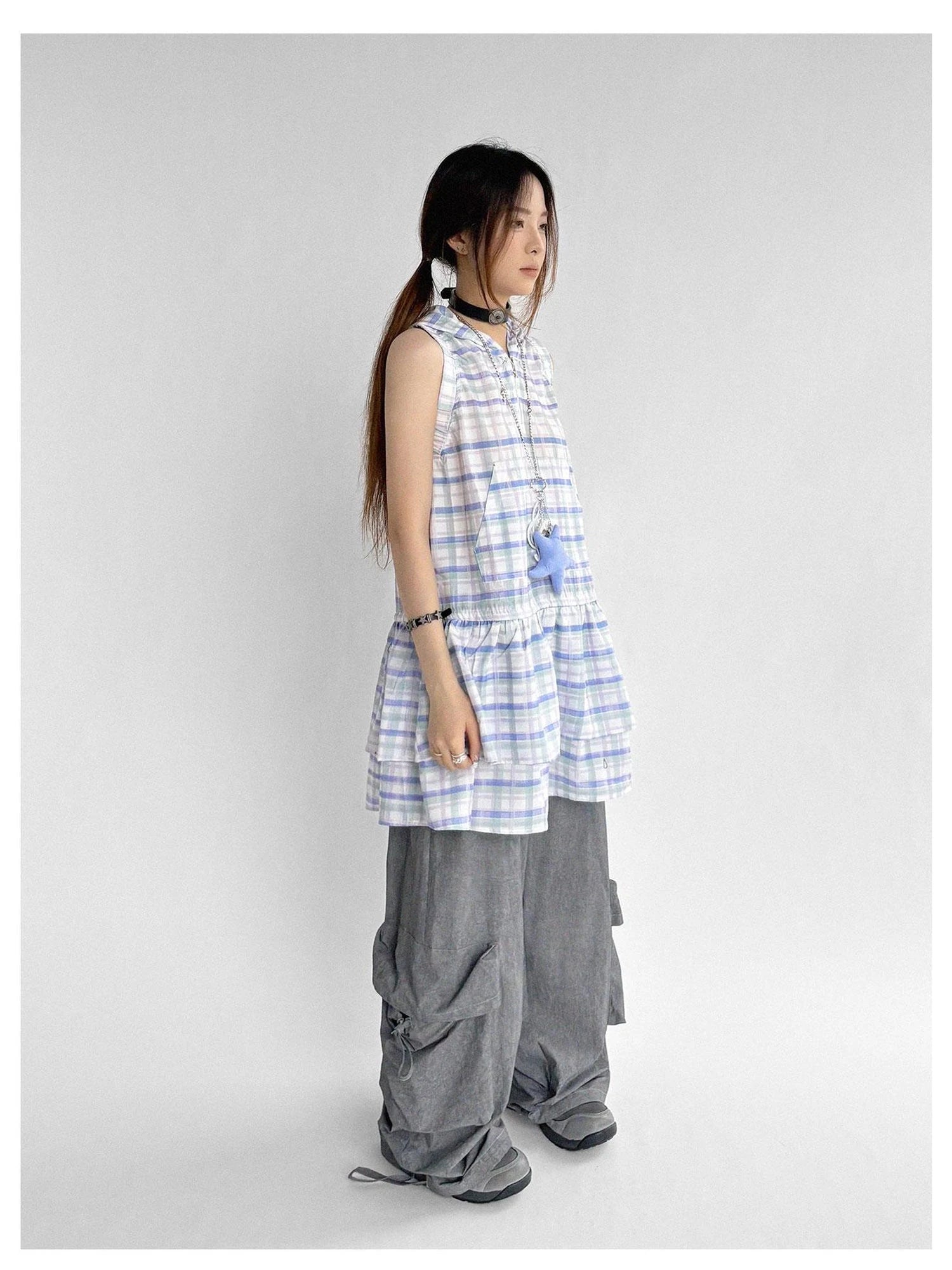 Oxygen Grid Hooded Sleeveless A-Line Drawstring Mini Dress