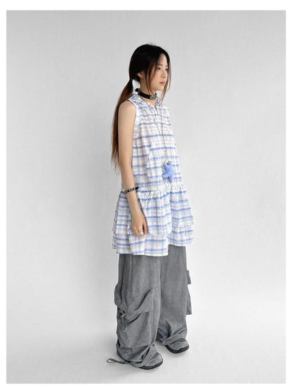 Oxygen Grid Hooded Sleeveless A-Line Drawstring Mini Dress