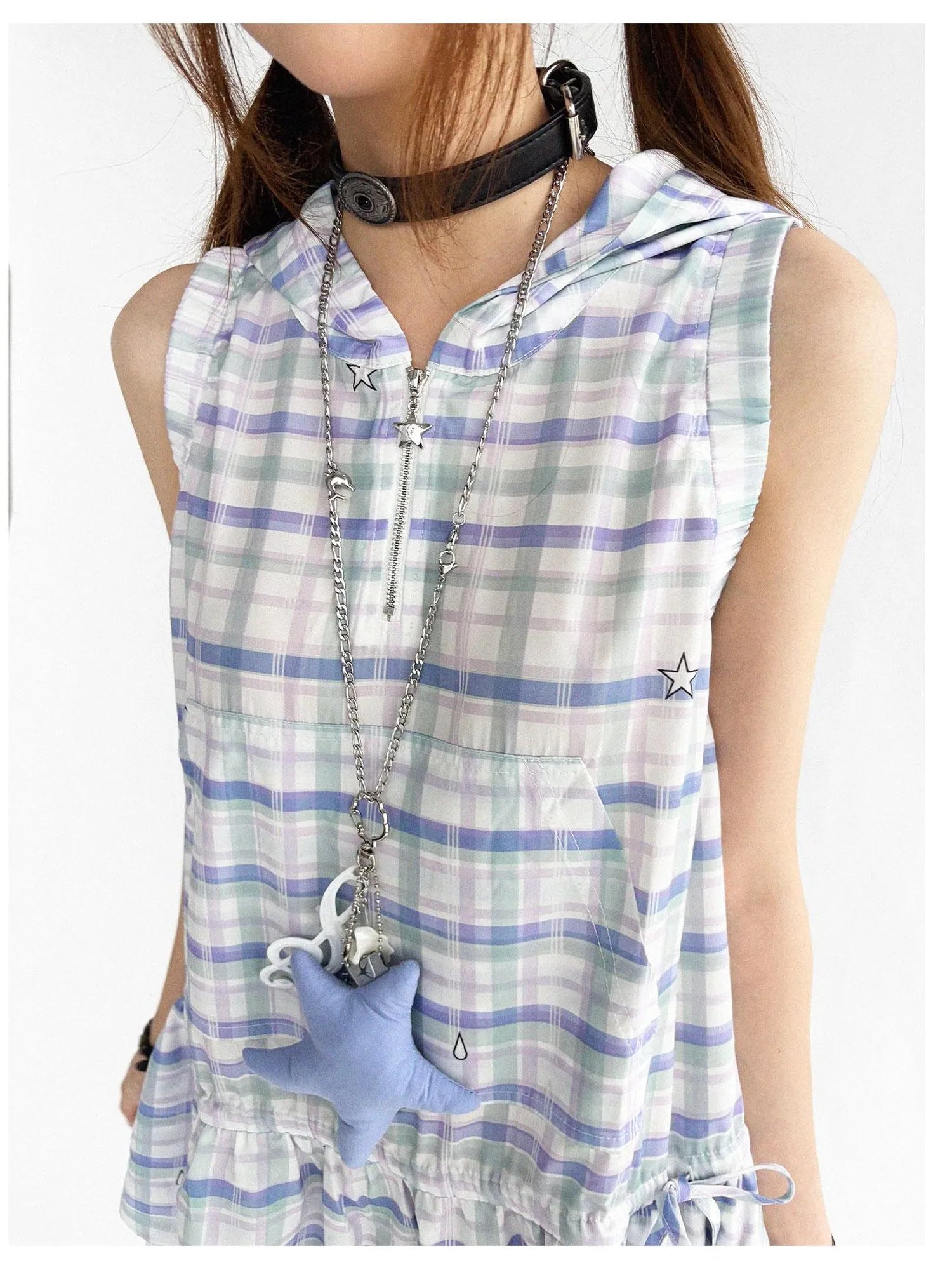 Oxygen Grid Hooded Sleeveless A-Line Drawstring Mini Dress