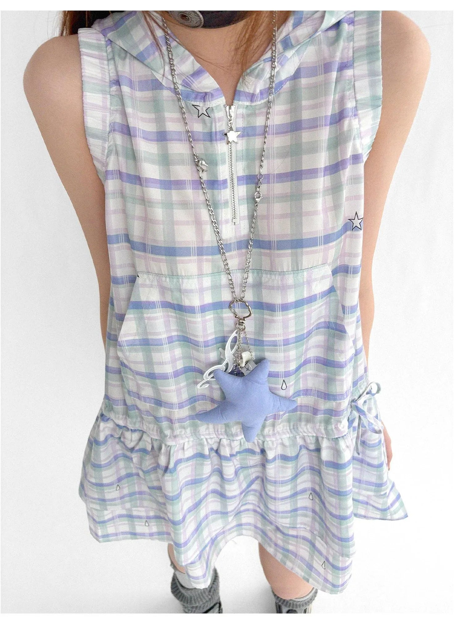 Oxygen Grid Hooded Sleeveless A-Line Drawstring Mini Dress