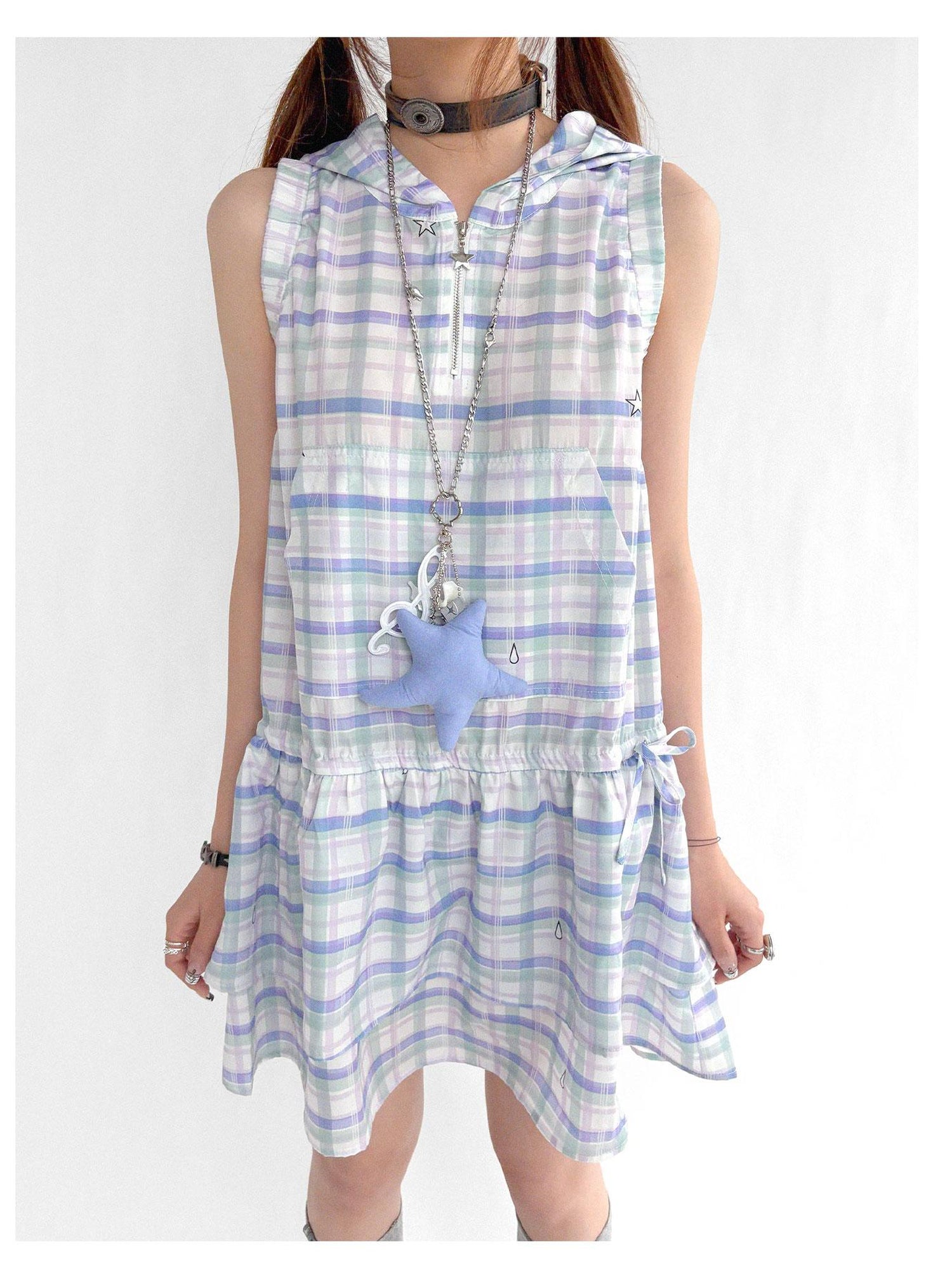 innomoood Oxygen Grid Hooded Sleeveless A-Line Drawstring Mini Dress