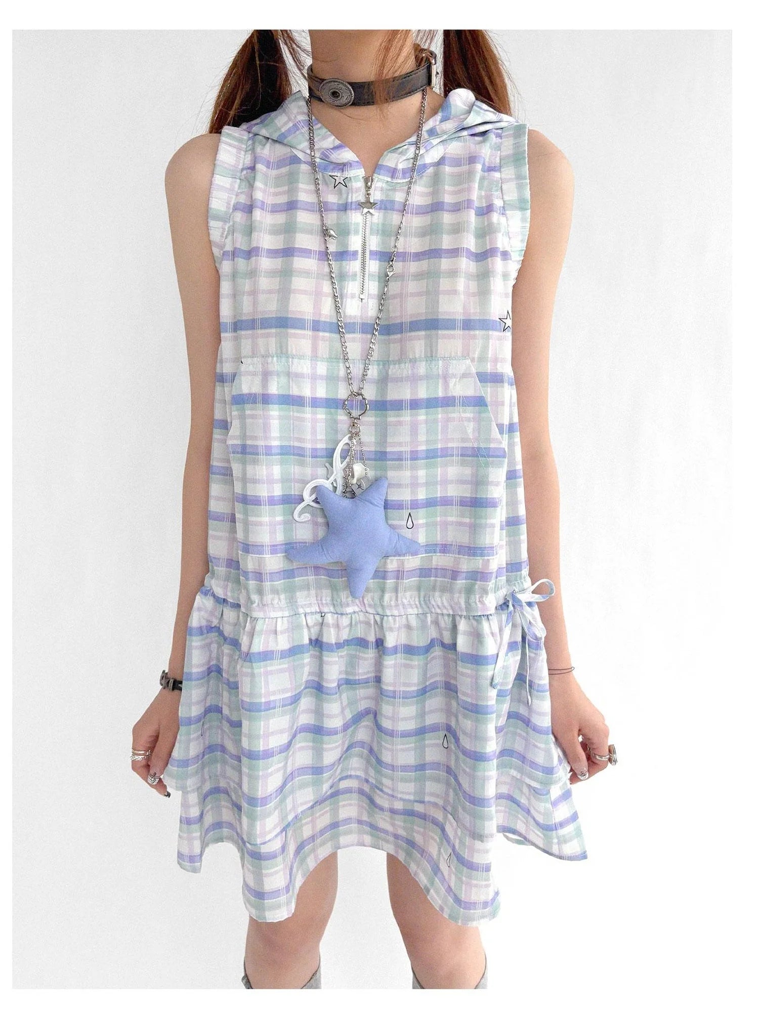 Oxygen Grid Hooded Sleeveless A-Line Drawstring Mini Dress