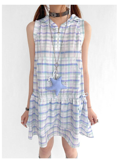 Oxygen Grid Hooded Sleeveless A-Line Drawstring Mini Dress