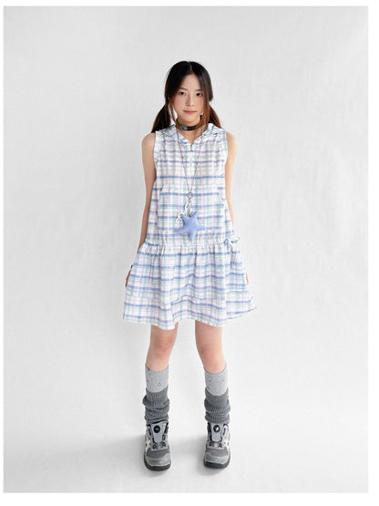 innomoood Oxygen Grid Hooded Sleeveless A-Line Drawstring Mini Dress