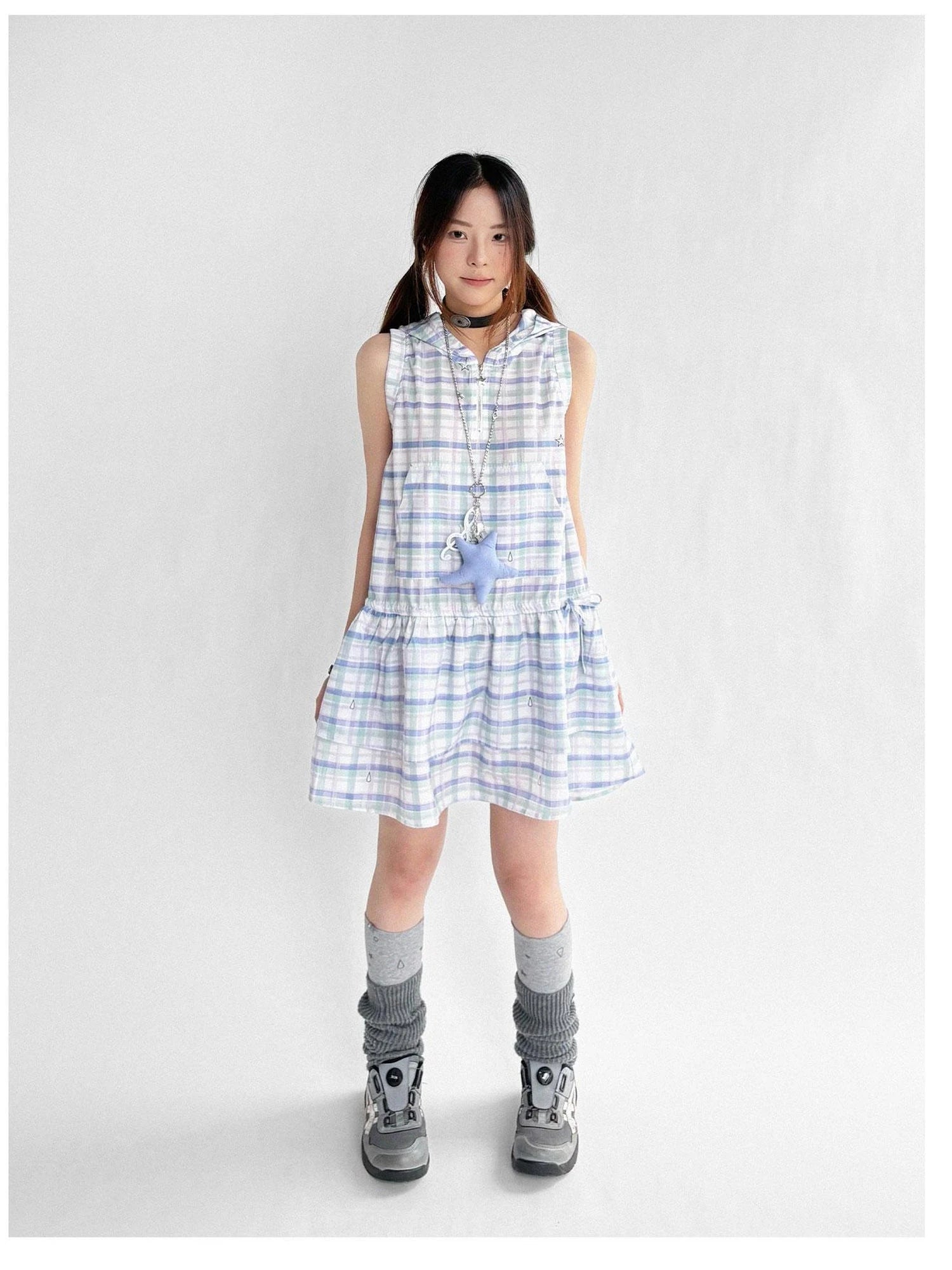 Oxygen Grid Hooded Sleeveless A-Line Drawstring Mini Dress