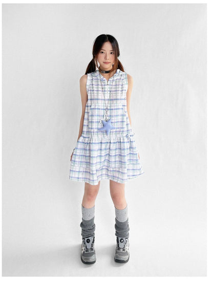 Oxygen Grid Hooded Sleeveless A-Line Drawstring Mini Dress