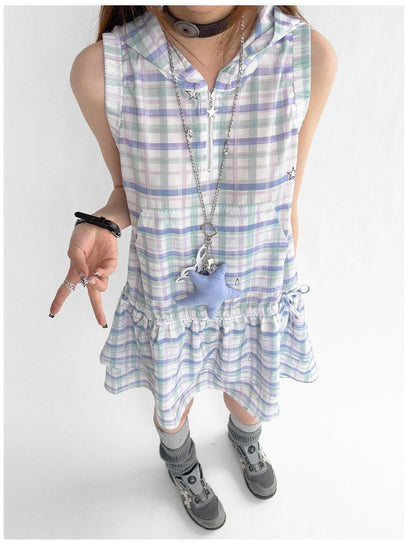 innomoood Oxygen Grid Hooded Sleeveless A-Line Drawstring Mini Dress