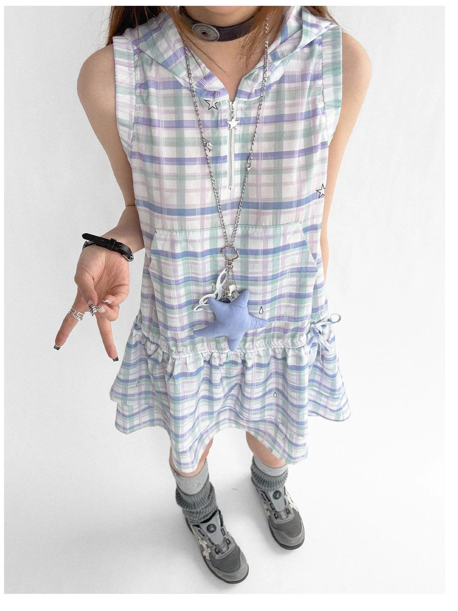 Oxygen Grid Hooded Sleeveless A-Line Drawstring Mini Dress