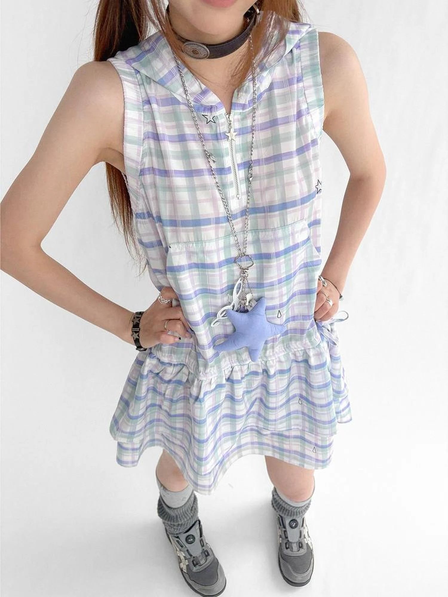 Oxygen Grid Hooded Sleeveless A-Line Drawstring Mini Dress