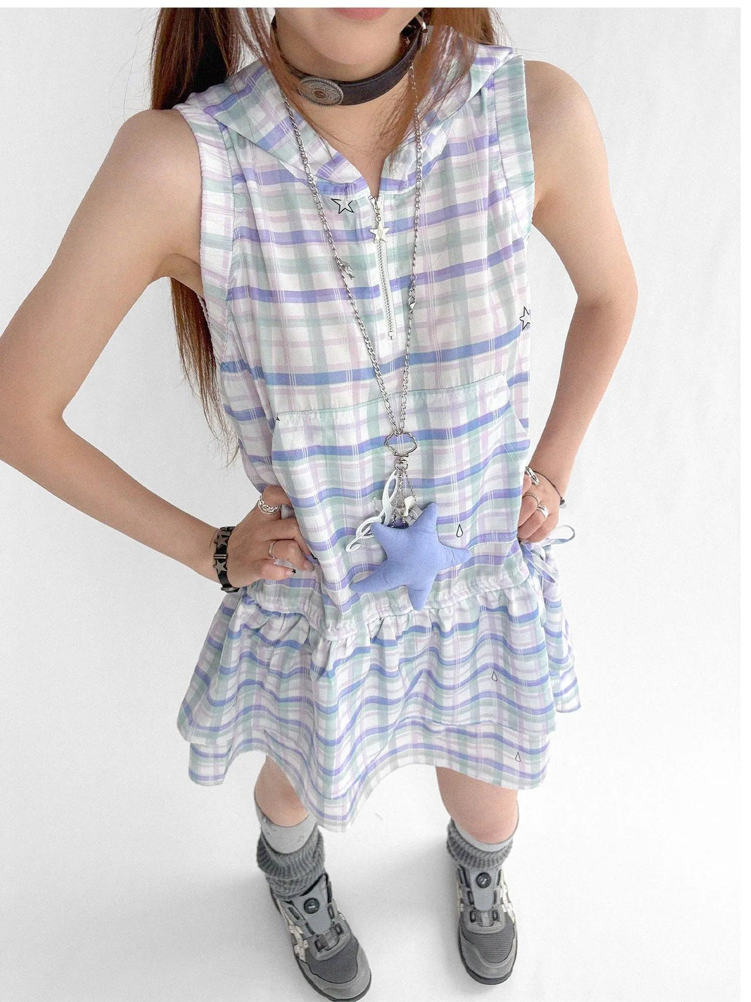 Oxygen Grid Hooded Sleeveless A-Line Drawstring Mini Dress