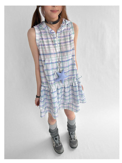 innomoood Oxygen Grid Hooded Sleeveless A-Line Drawstring Mini Dress