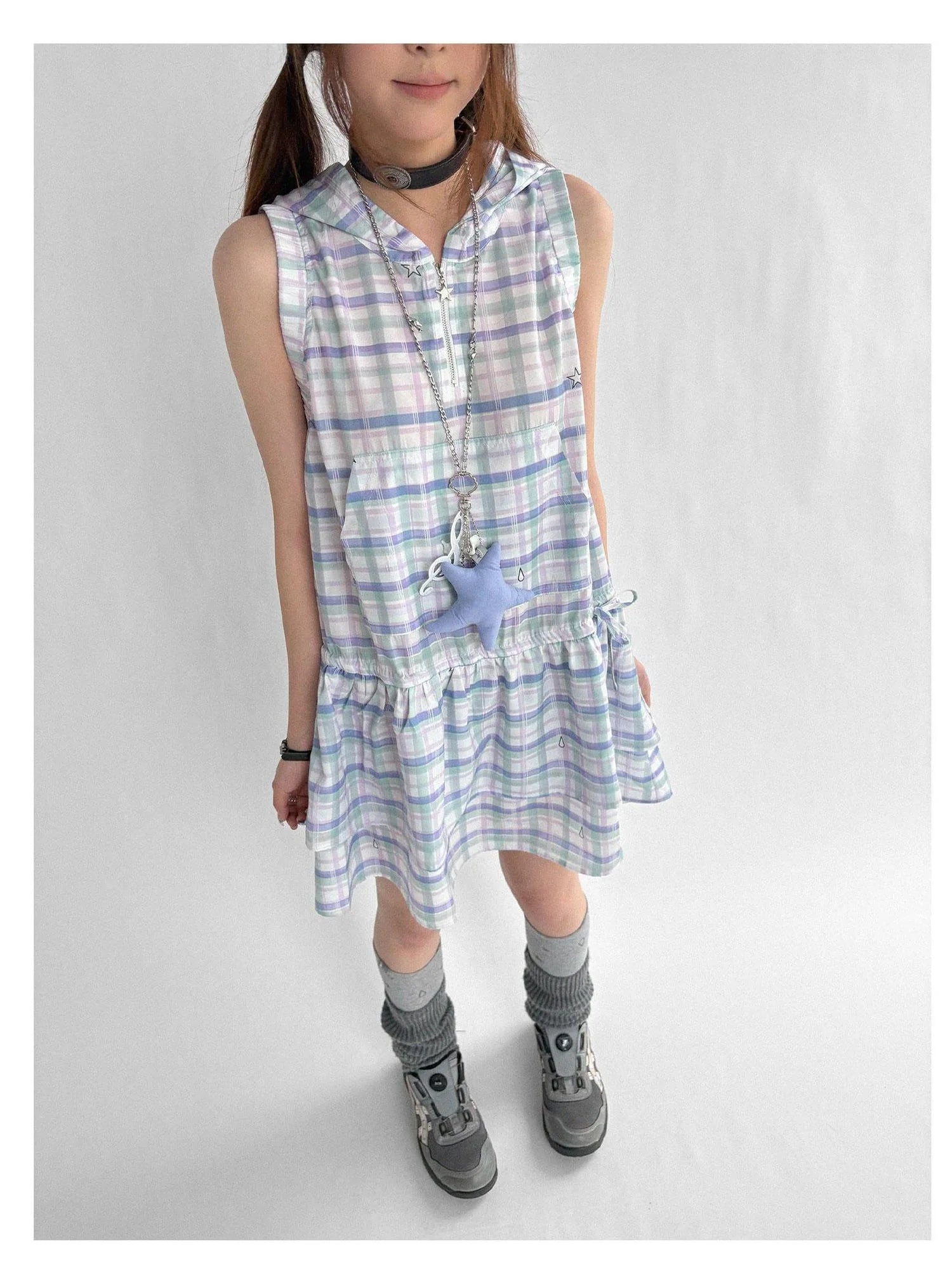 Oxygen Grid Hooded Sleeveless A-Line Drawstring Mini Dress