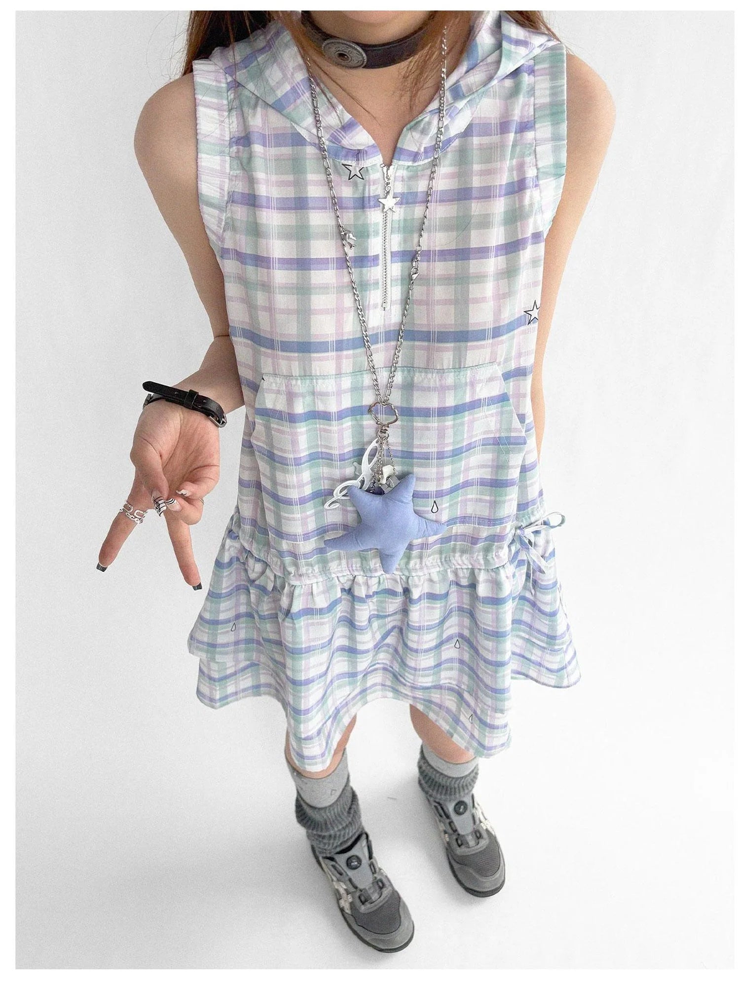 Oxygen Grid Hooded Sleeveless A-Line Drawstring Mini Dress