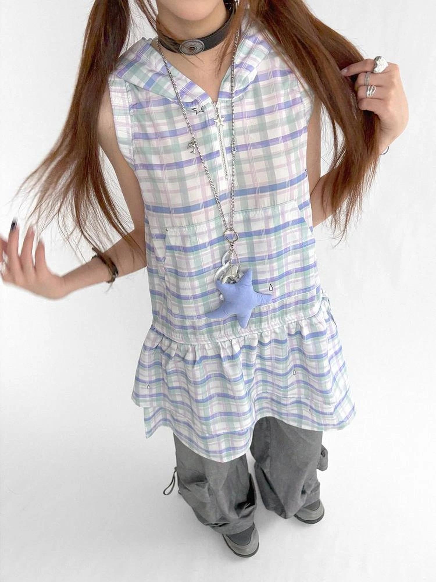 Oxygen Grid Hooded Sleeveless A-Line Drawstring Mini Dress