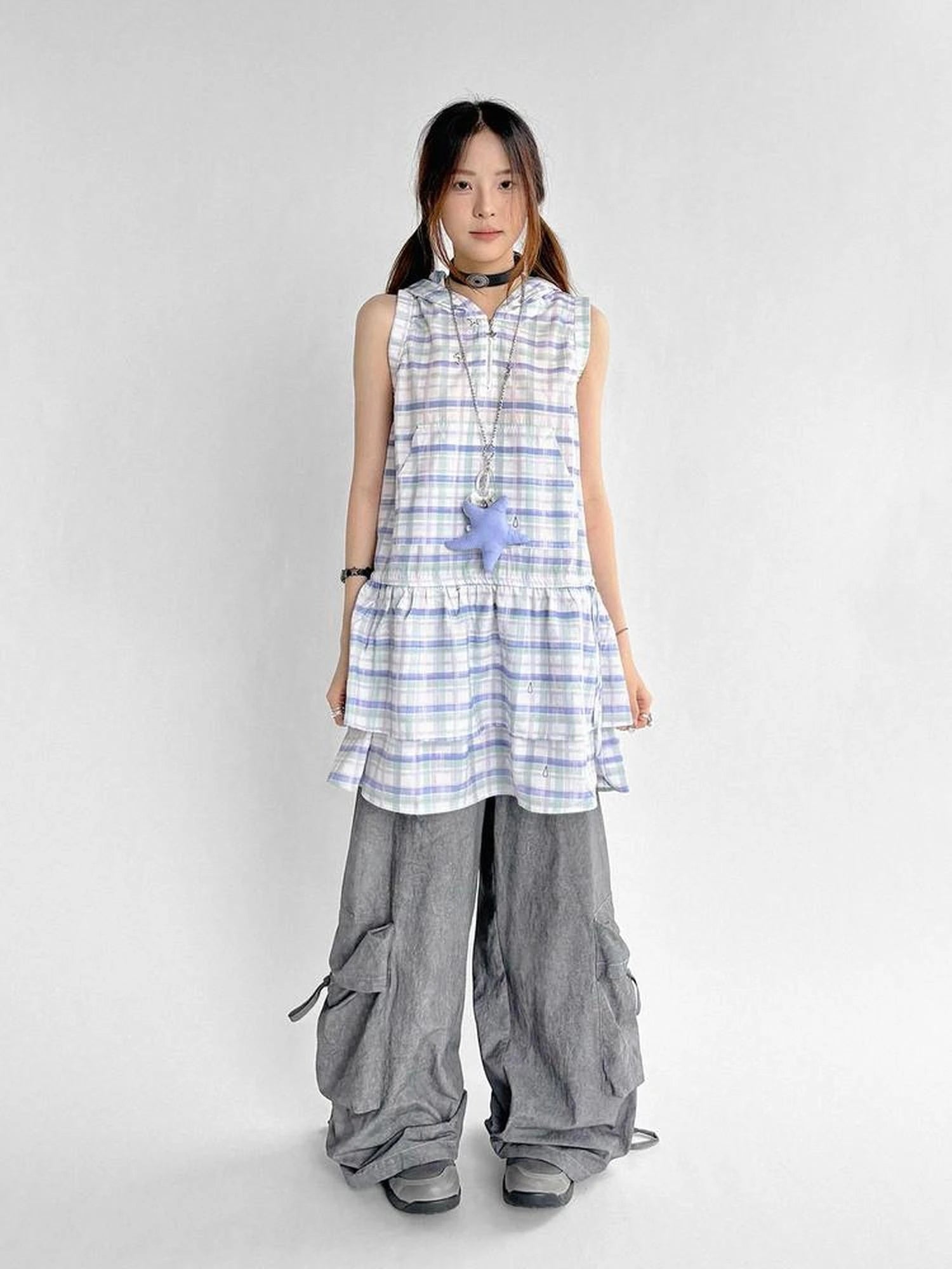 Oxygen Grid Hooded Sleeveless A-Line Drawstring Mini Dress