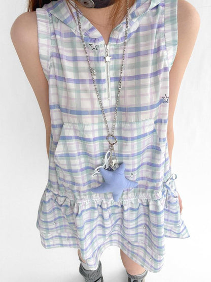 innomoood Oxygen Grid Hooded Sleeveless A-Line Drawstring Mini Dress