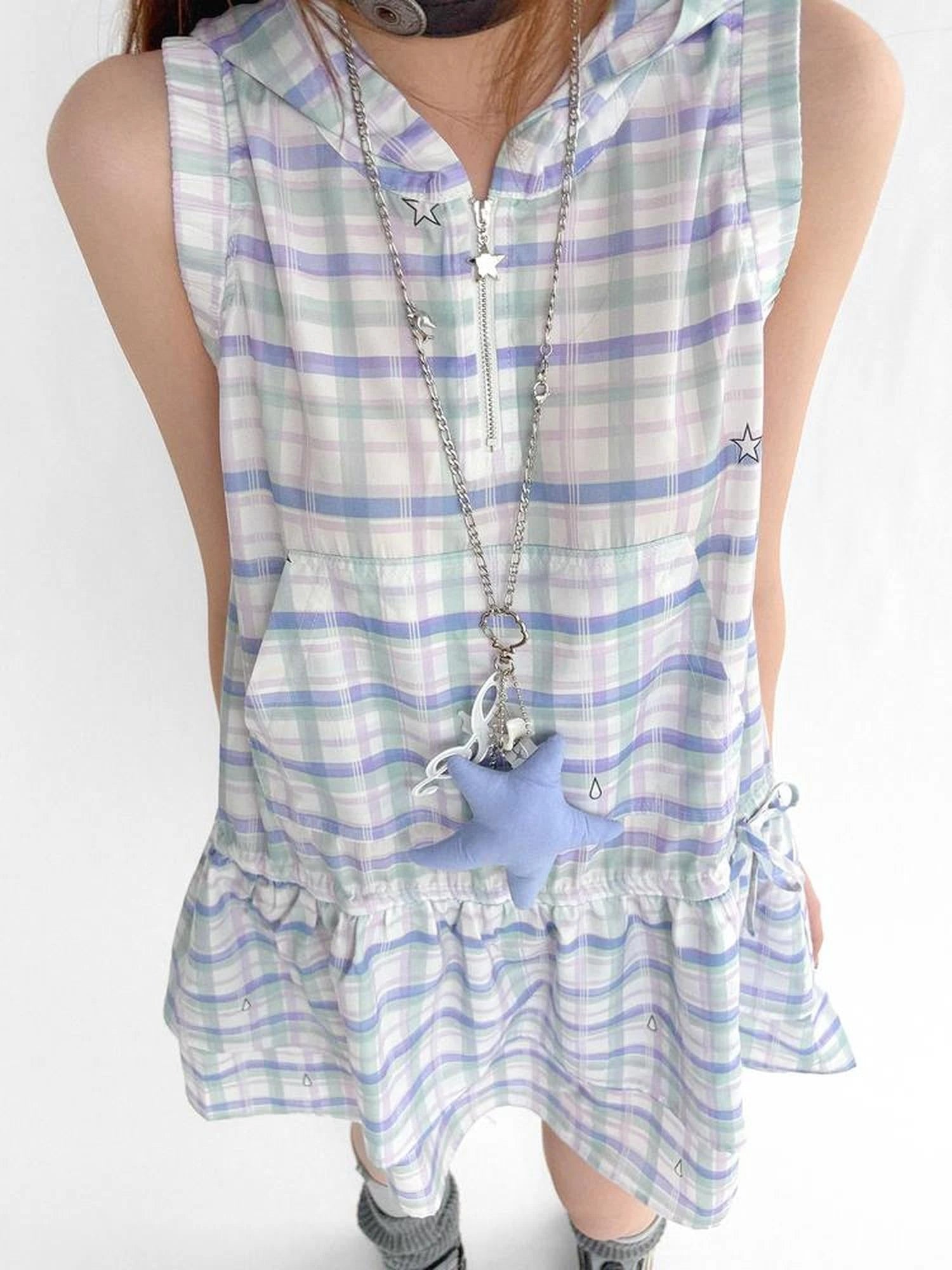 Oxygen Grid Hooded Sleeveless A-Line Drawstring Mini Dress