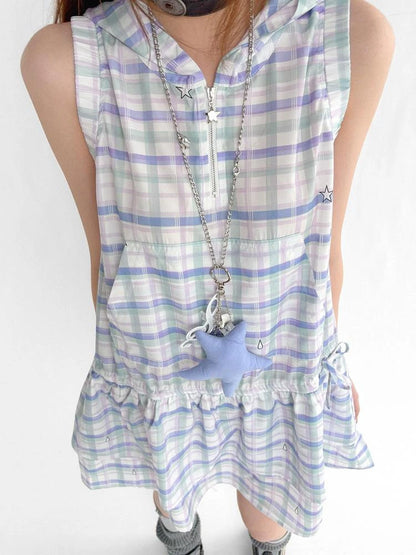 Oxygen Grid Hooded Sleeveless A-Line Drawstring Mini Dress