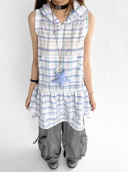 innomoood Oxygen Grid Hooded Sleeveless A-Line Drawstring Mini Dress