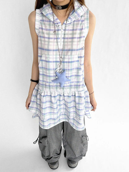 Oxygen Grid Hooded Sleeveless A-Line Drawstring Mini Dress