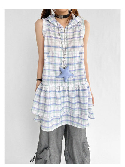 Oxygen Grid Hooded Sleeveless A-Line Drawstring Mini Dress