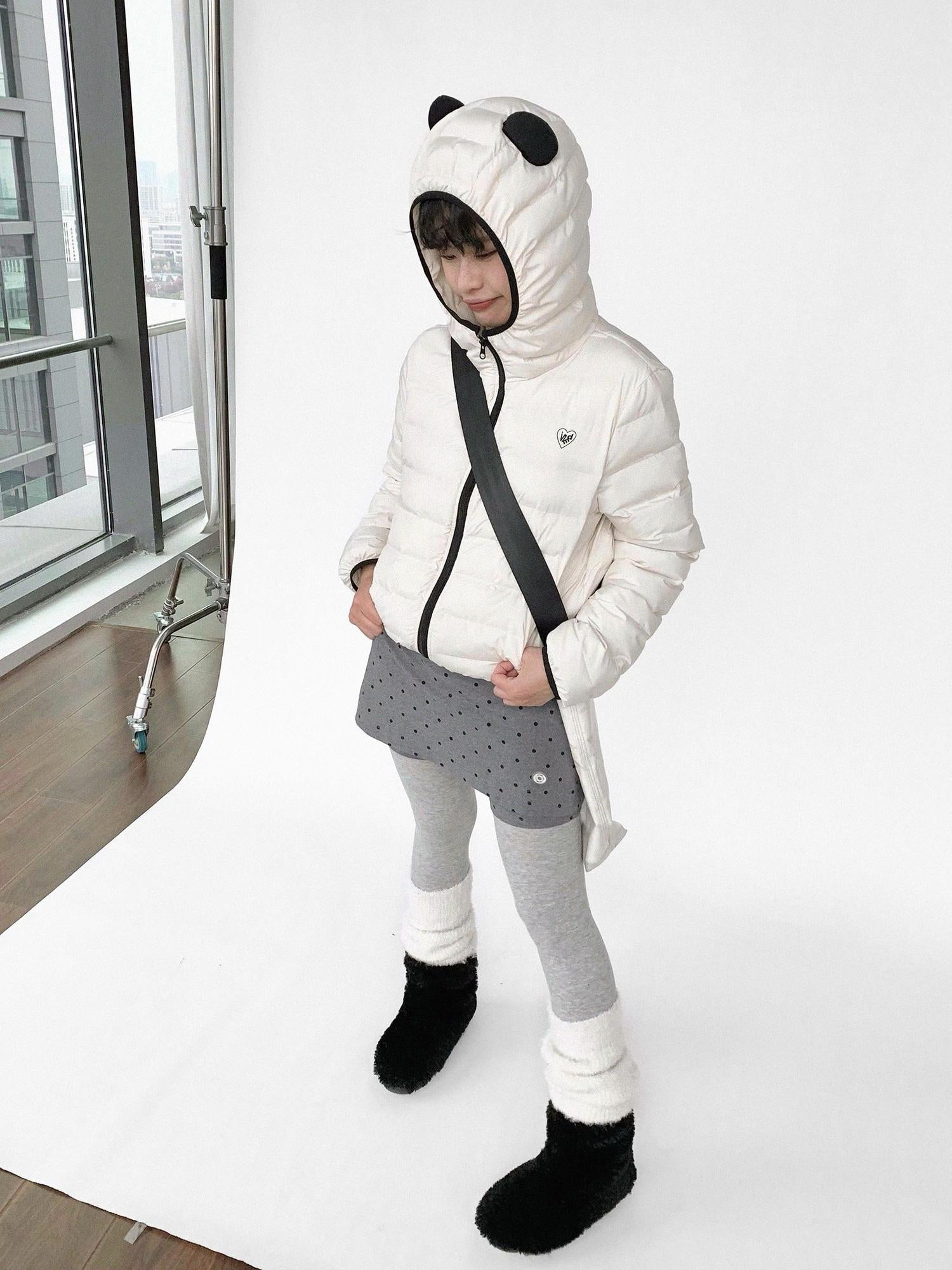 innomoood Panda Ear Rib Cotton Hooded Short Jacket