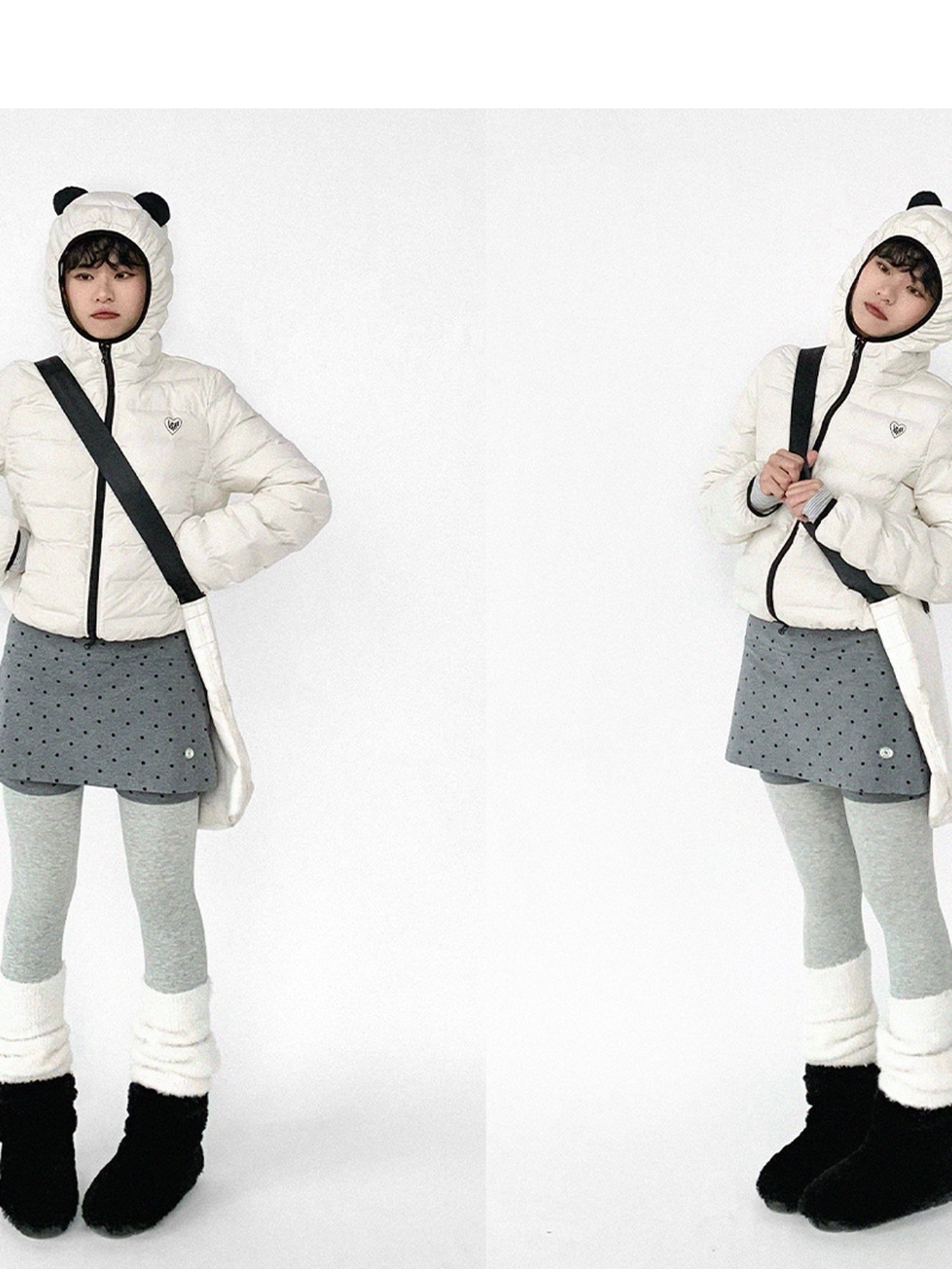 innomoood Panda Ear Rib Cotton Hooded Short Jacket