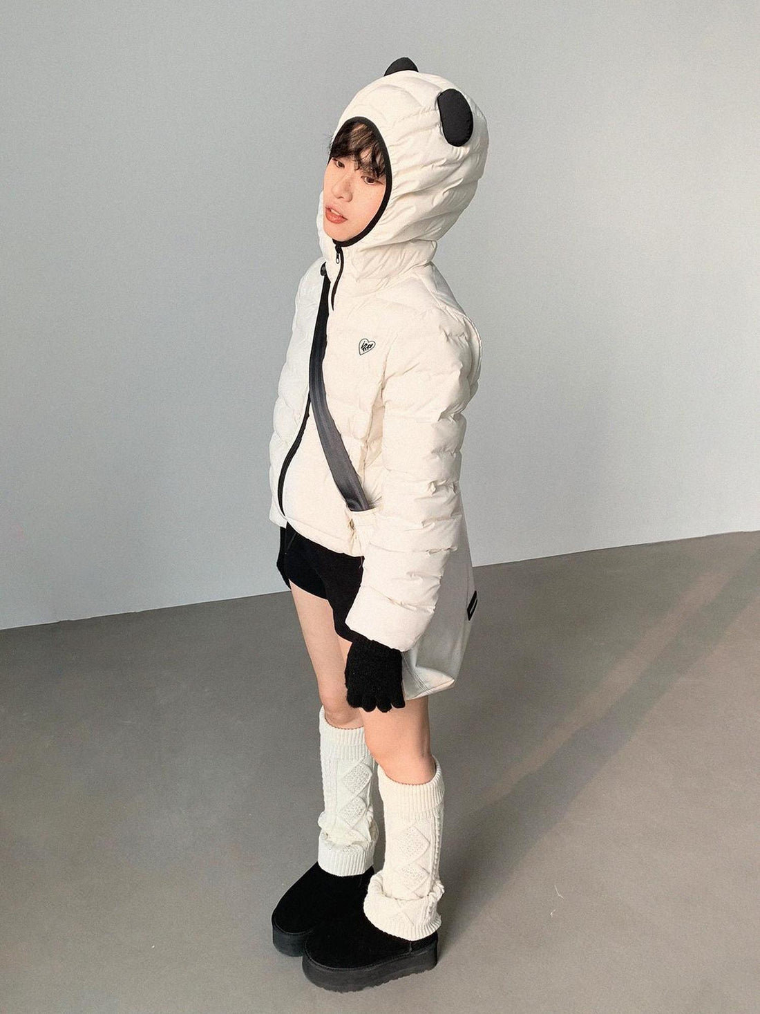 innomoood Panda Ear Rib Cotton Hooded Short Jacket