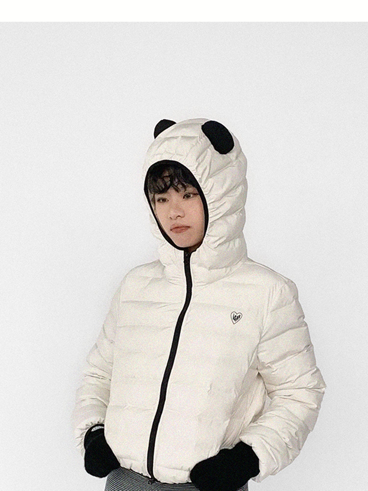 innomoood Panda Ear Rib Cotton Hooded Short Jacket