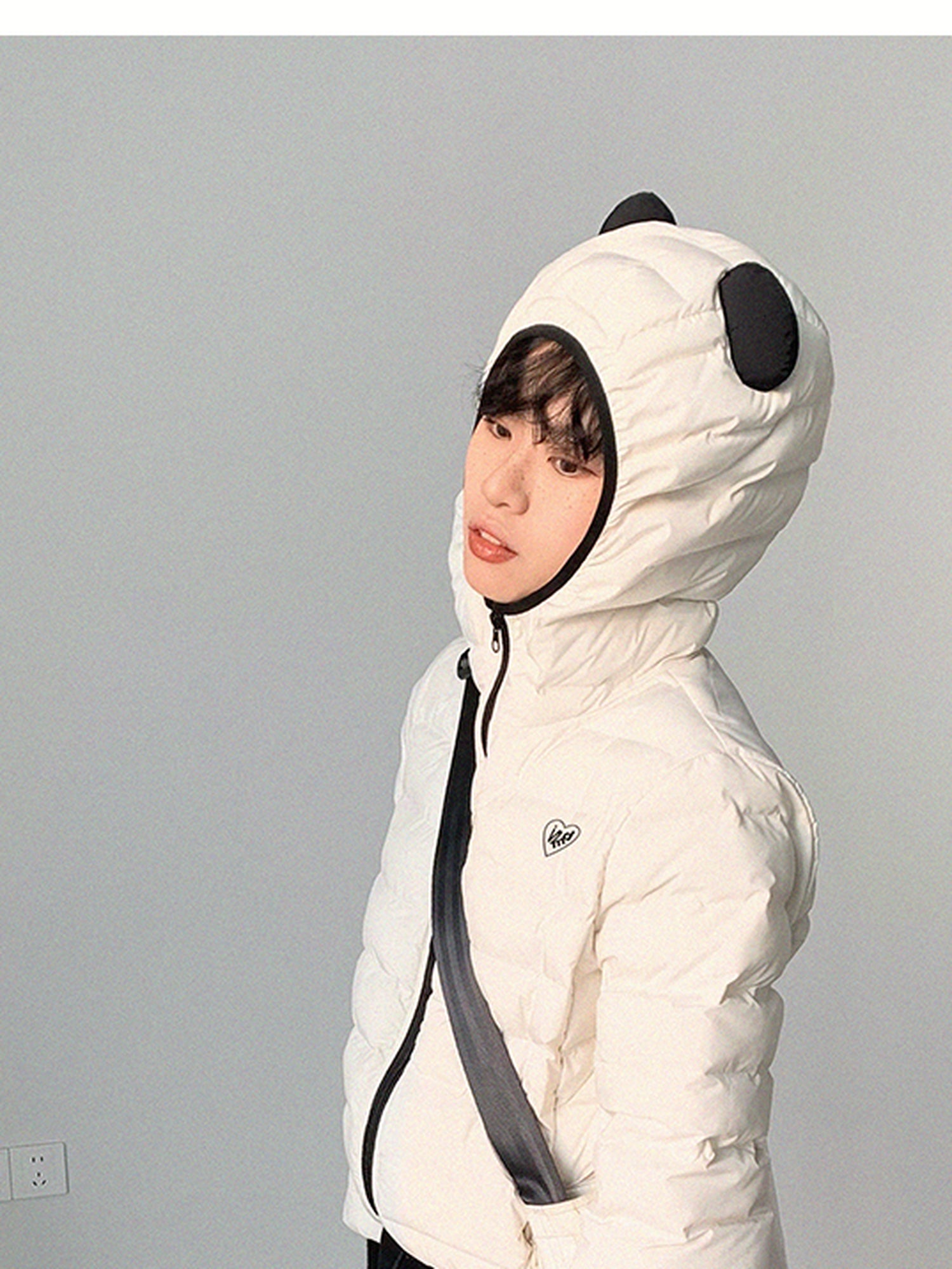 innomoood Panda Ear Rib Cotton Hooded Short Jacket
